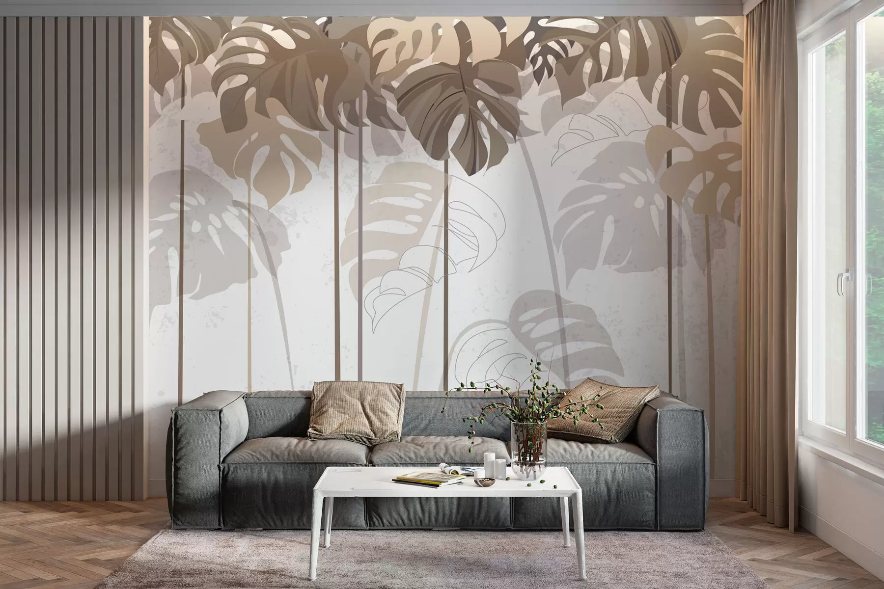 Fototapetai Tropics Monstera palieka šviesiai smėlio spalvos tonus w01454