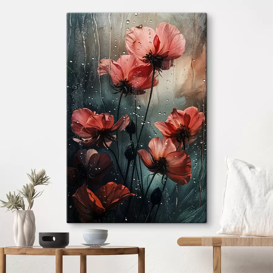 Fototapetai Raudonos gėlės su vandens lašeliais neryškiame fone s40412