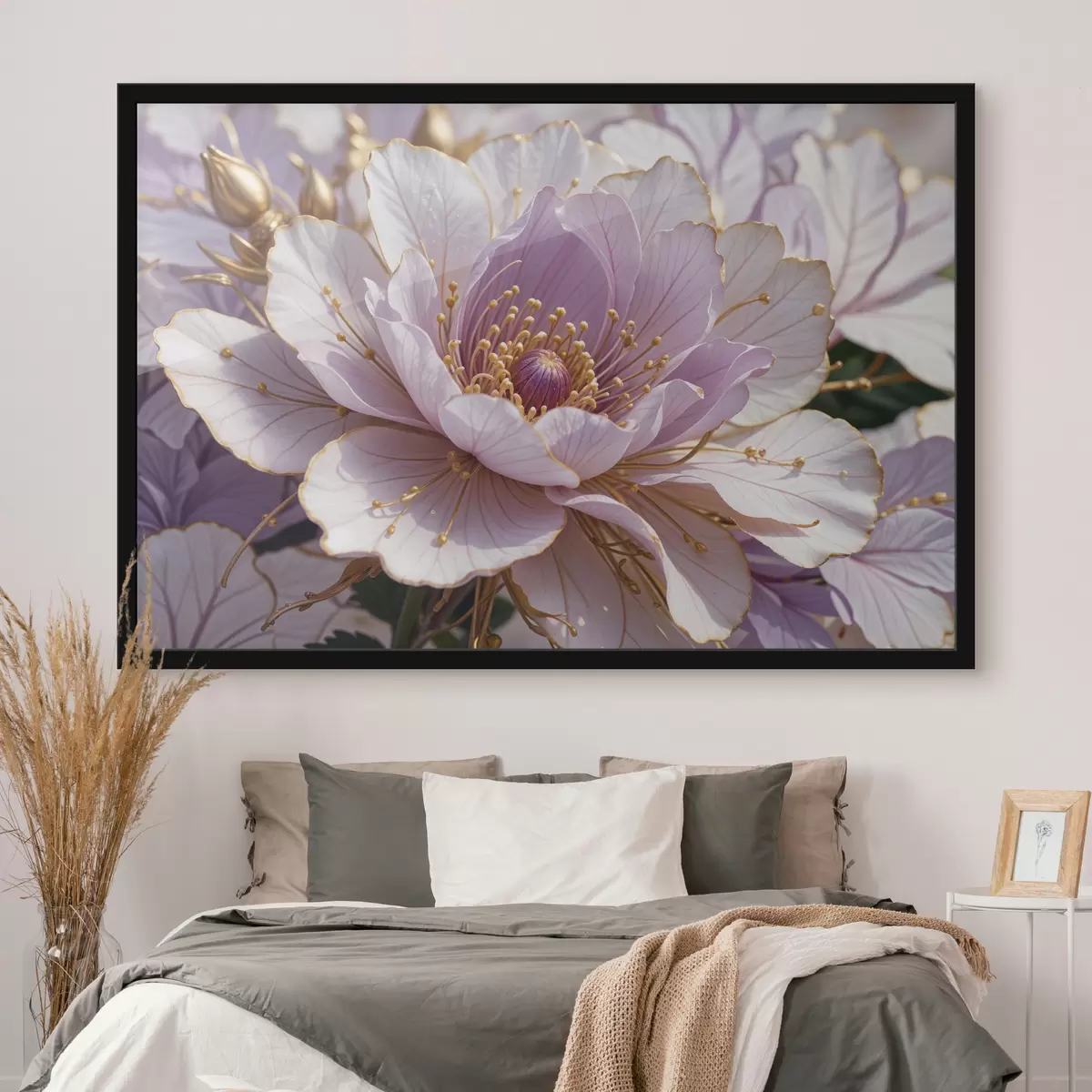 Plakatas Didelis, šviesiai rožinis bijūno žiedas su švelniais žiedlapiais ir ryškiai geltonu centru stambiu planu f40384