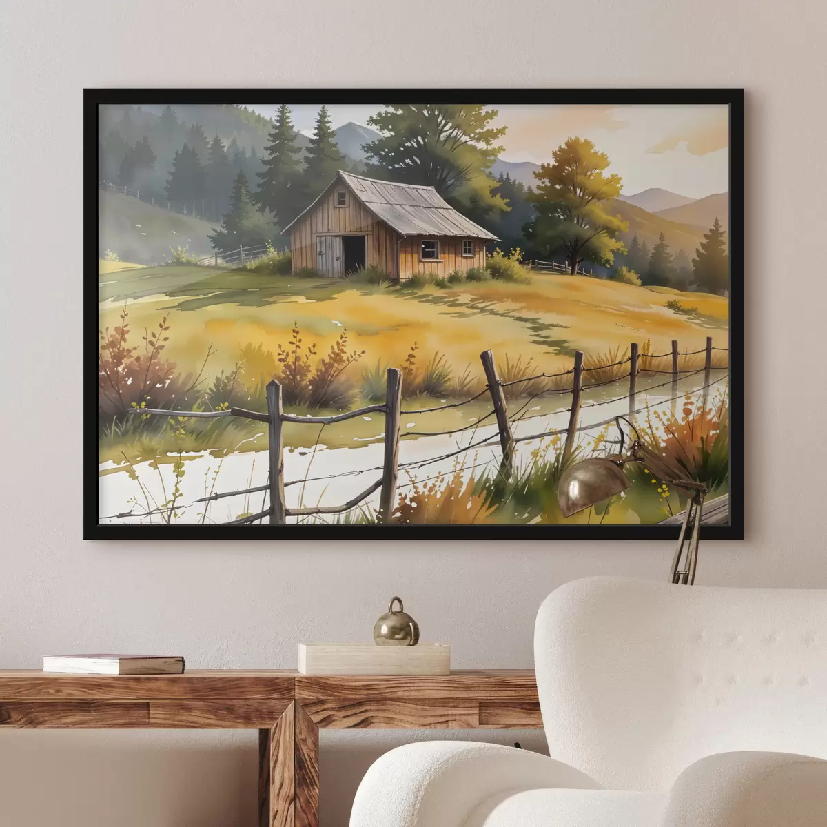 Plakatas Senas medinis namas kaimo vietovėje, apsuptas žolingo lauko, pušų ir kalnų f40394