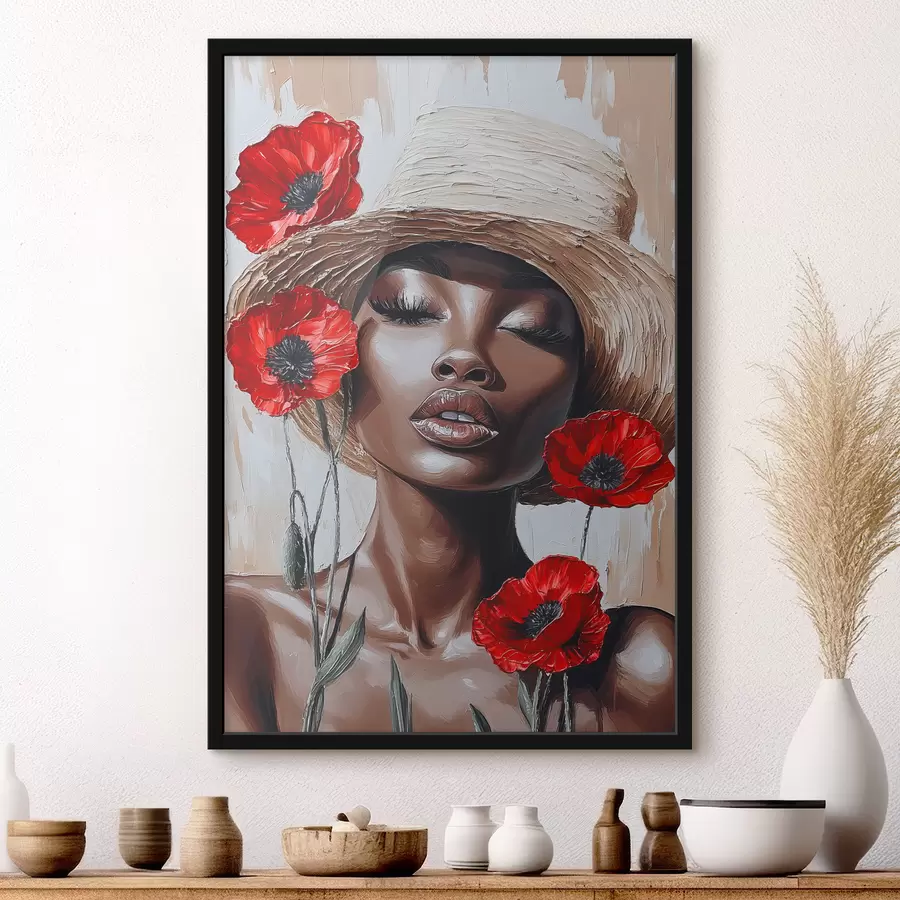 Fototapetai Moters skrybėle su raudonomis aguonomis portretas f40350