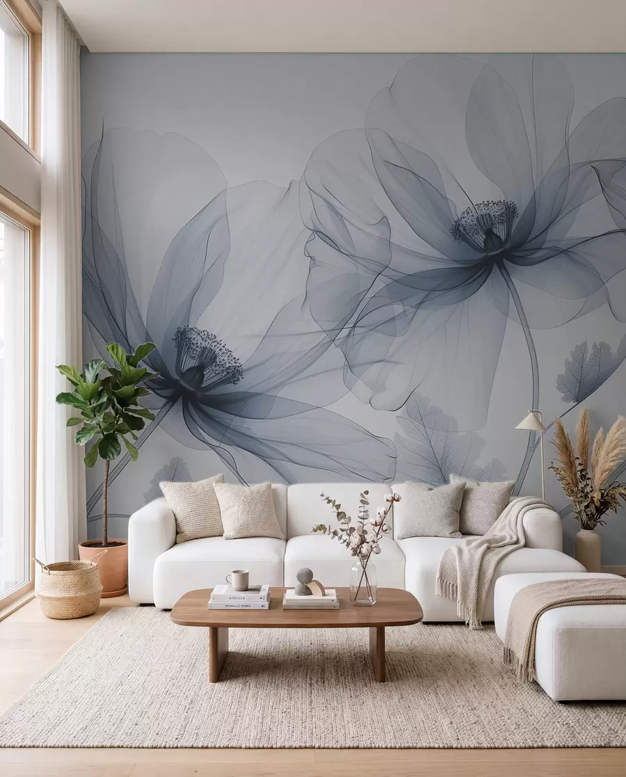 Fototapetai Mėlyna permatoma rentgeno stiliaus gėlė baltame fone Minimalistinis vienspalvis botaninis dizainas w01482v1