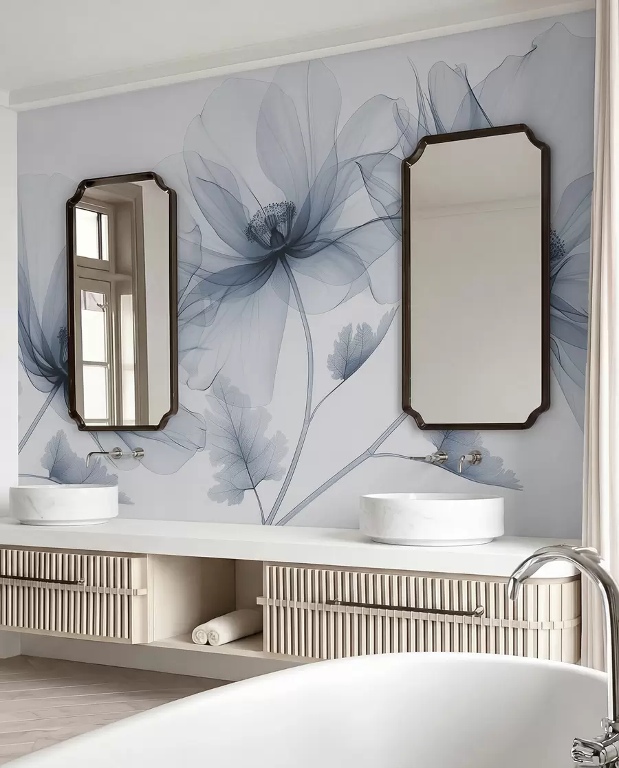 Fototapetai Mėlyna permatoma rentgeno stiliaus gėlė baltame fone Minimalistinis vienspalvis botaninis dizainas w01482v1