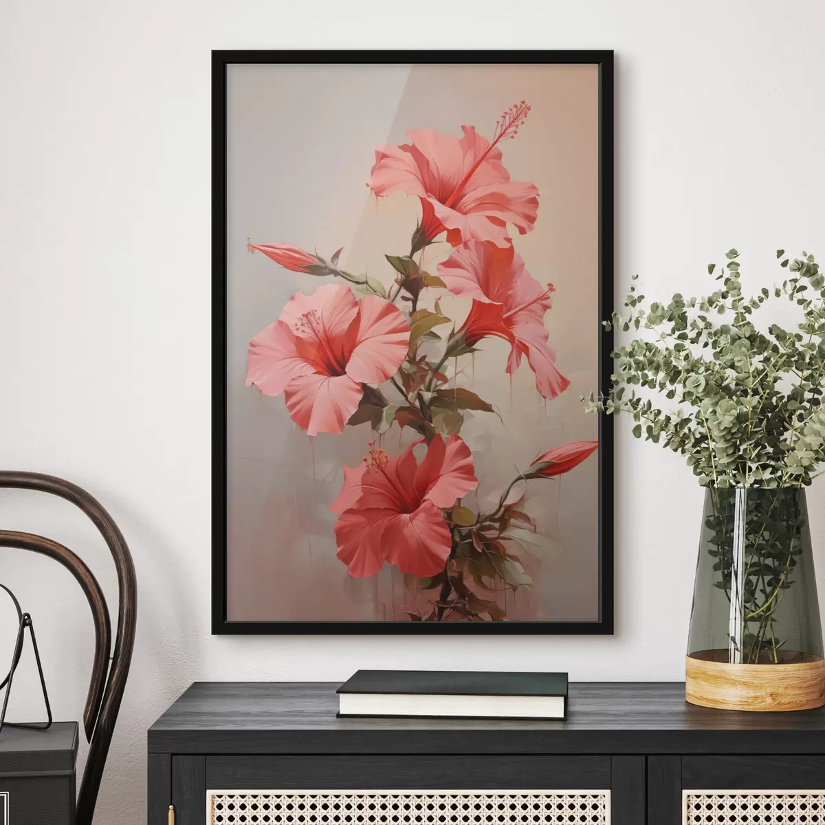 Plakatas Žydinčio hibisko šakelė, raudonos, rožinės, pilkos spalvos f40490