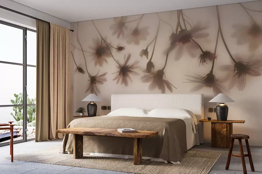 Fototapetai Gležnos gėlės rūke kabantys iš viršaus rožinėmis spalvomis w01469