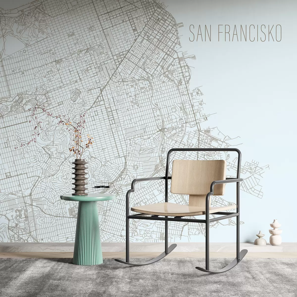 Fototapetai Padidintas žemėlapis San Francisko miesto portretinė sieninė freska šviesiai mėlyname fone  w01025