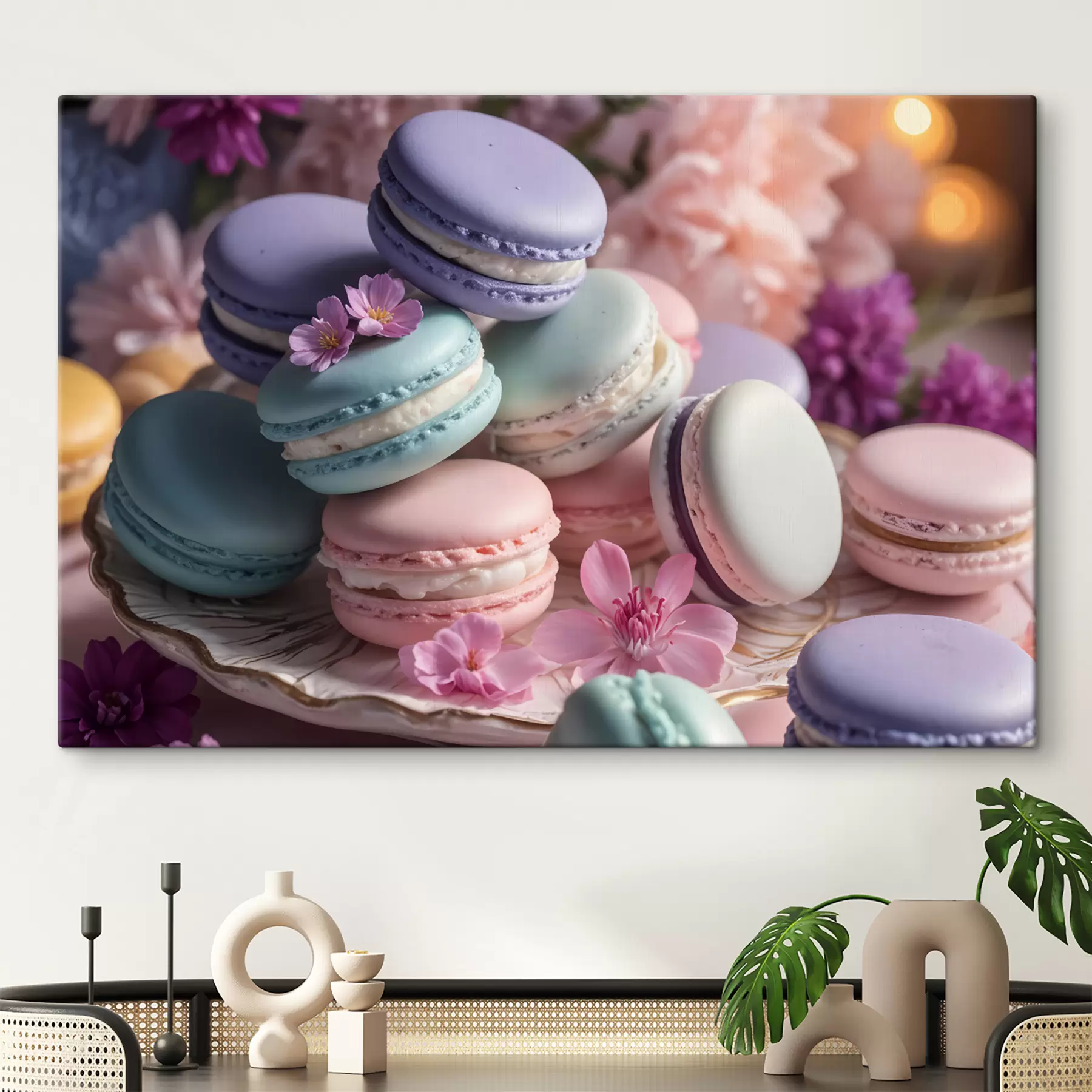 Paveikslėlis Spalvingi macarons su rožinėmis ir violetinėmis gėlėmis lėkštėje, iš arti s40546