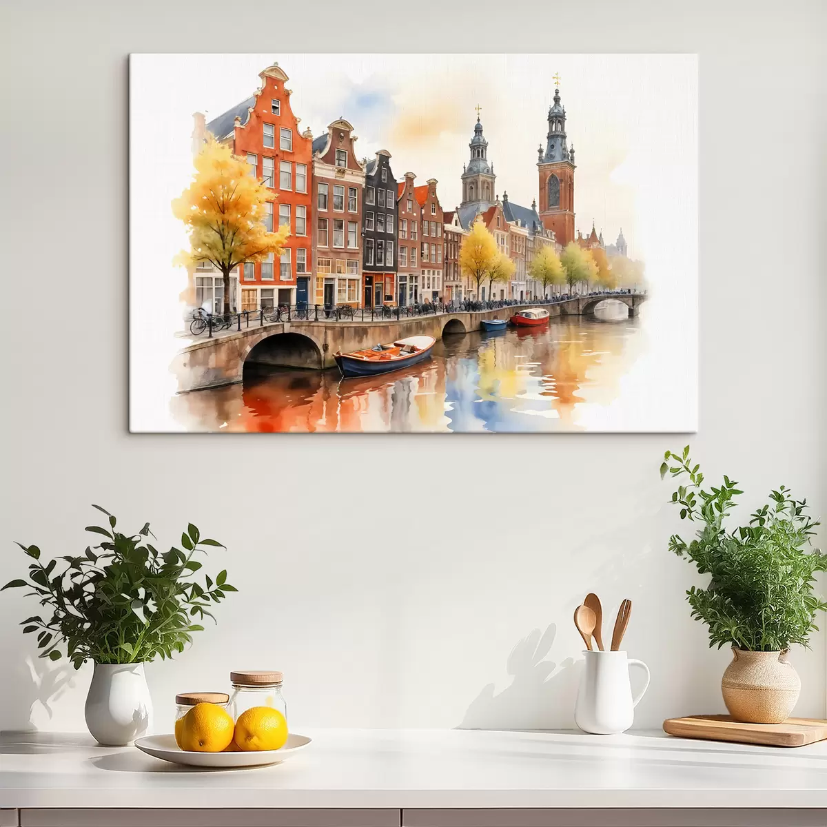 Paveikslėlis Spalvingas akvarelinis Amsterdamo miesto vaizdas su tradiciniais olandų namais prie kanalo ir valtimis ant vandens s40561