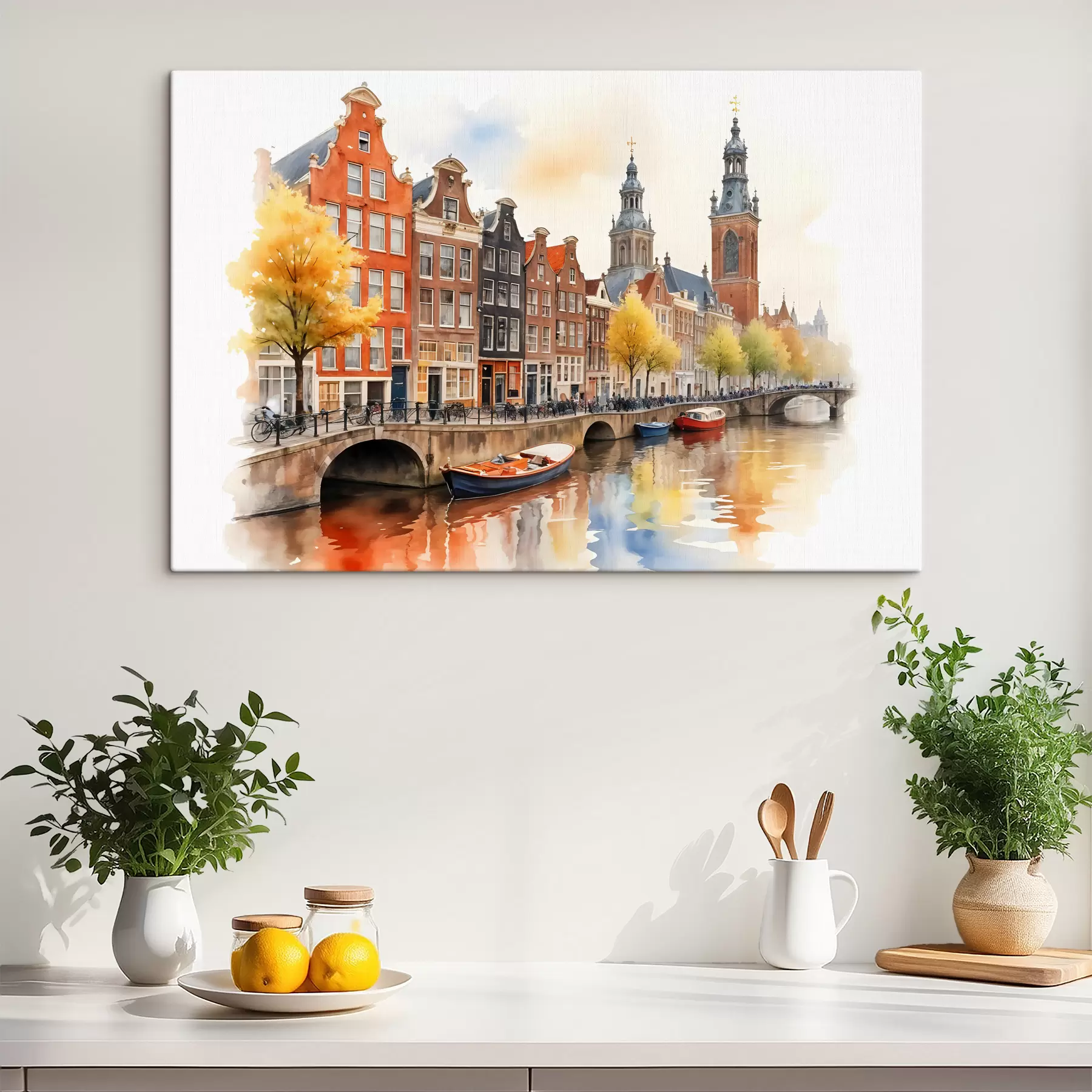 Fototapetai Spalvingas akvarelinis Amsterdamo miesto vaizdas su tradiciniais olandų namais prie kanalo ir valtimis ant vandens s40561