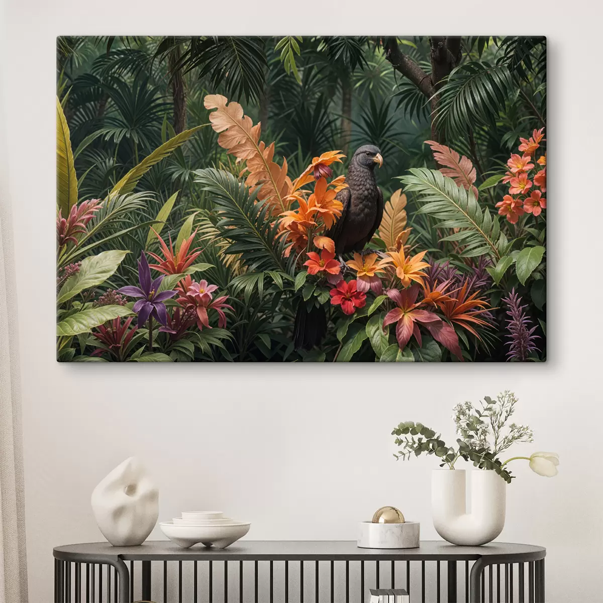 Paveikslėlis Atogrąžų paukštis, tupintis ant šakos, apsuptas ryškių lapų, palmių lapų, gėlių ir egzotiškų augalų s40578