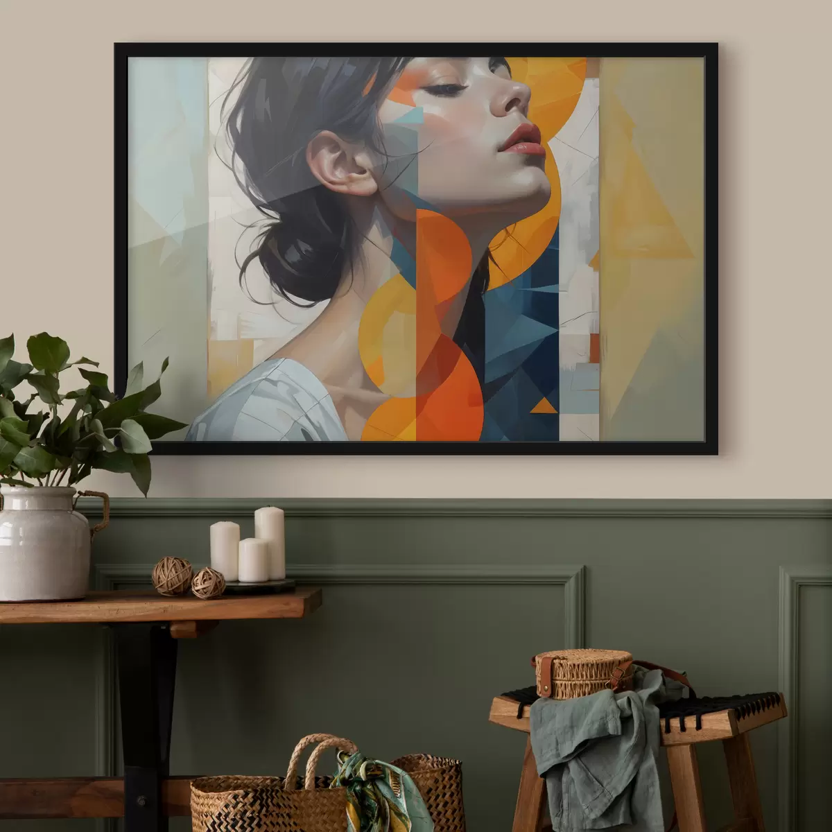 Plakatas Abstraktus paveikslas, kuriame moteris ilgais tamsiais plaukais vilki baltais marškiniais su spalvingu geometriniu raštu f40543