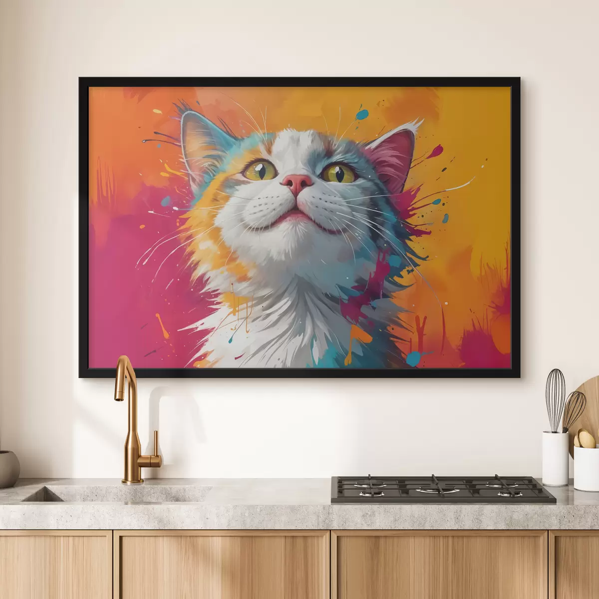 Plakatas Baltos ir oranžinės spalvos katės portretas iš arti su ryškiais, spalvingais dažų purslais f40547