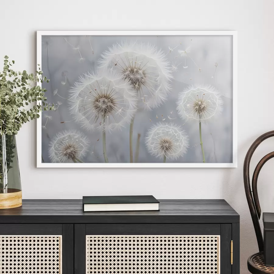 Fototapetai Baltos kiaulpienės žiedai su puriomis sėklomis neryškiame pilkame fone f40556
