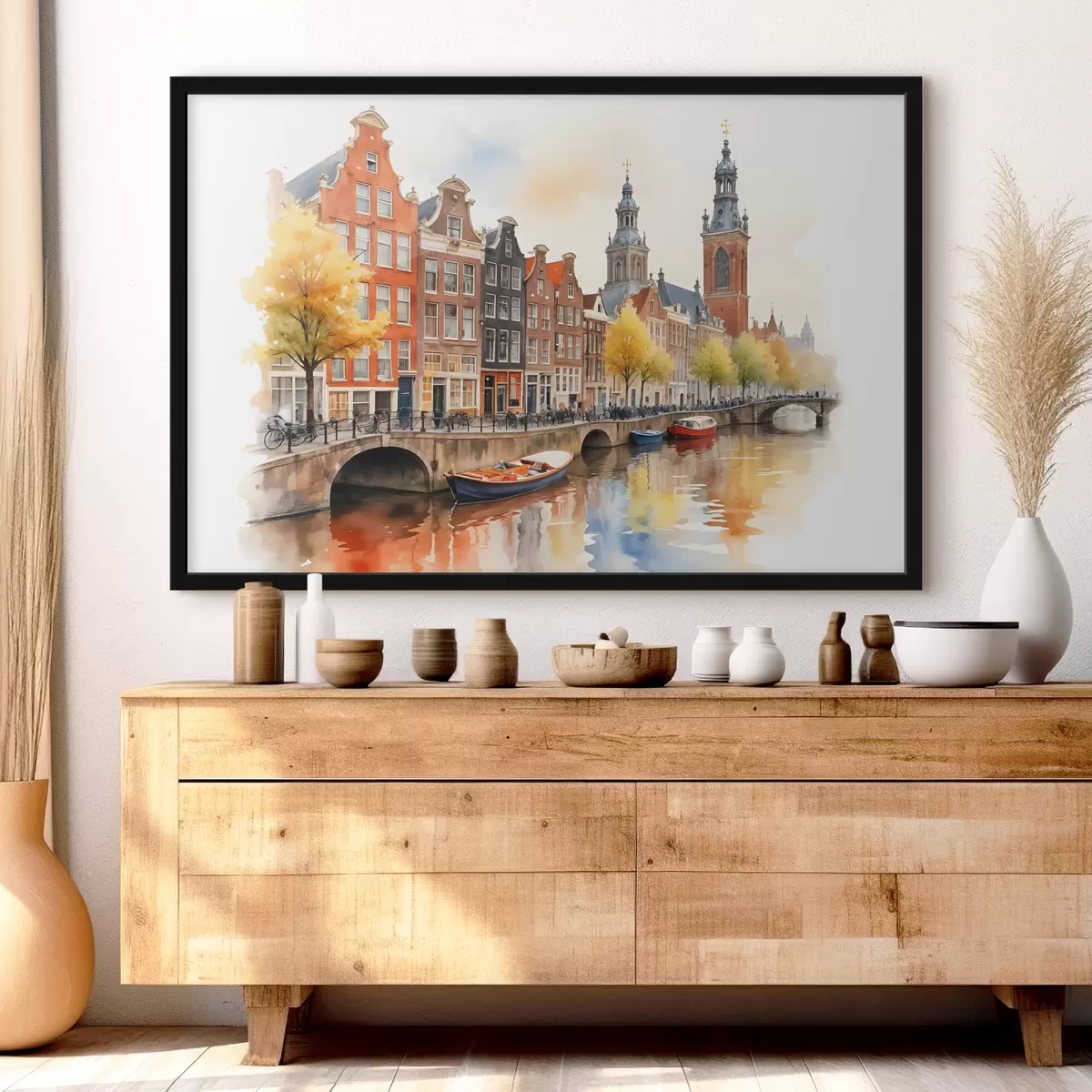 Plakatas Spalvingas akvarelinis Amsterdamo miesto vaizdas su tradiciniais olandų namais prie kanalo ir valtimis ant vandens f40561