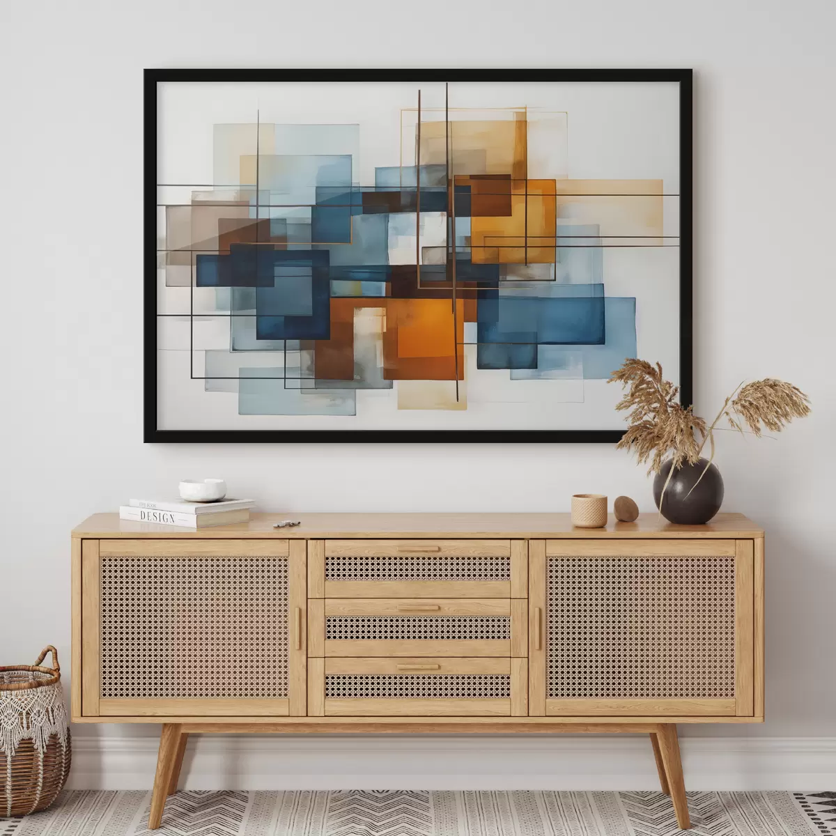 Plakatas Mėlynos, oranžinės ir rudos spalvos abstrakčios geometrinės figūros sukuria modernią minimalistinę kompoziciją f40563