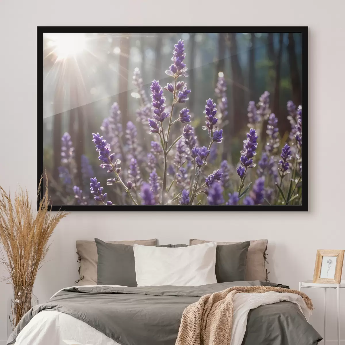 Plakatas Violetinės levandų gėlės lauke su neryškiu miško fonu ir prasiskverbia saulės šviesa f40570