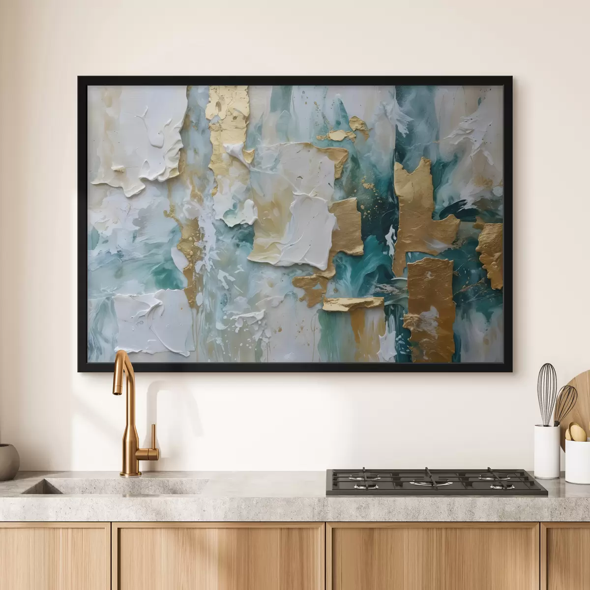 Plakatas Nulupami dažai su baltos, mėlynos ir geltonos spalvos sluoksniais, sukuriantys abstraktų, tekstūruotą spaudinį f40577