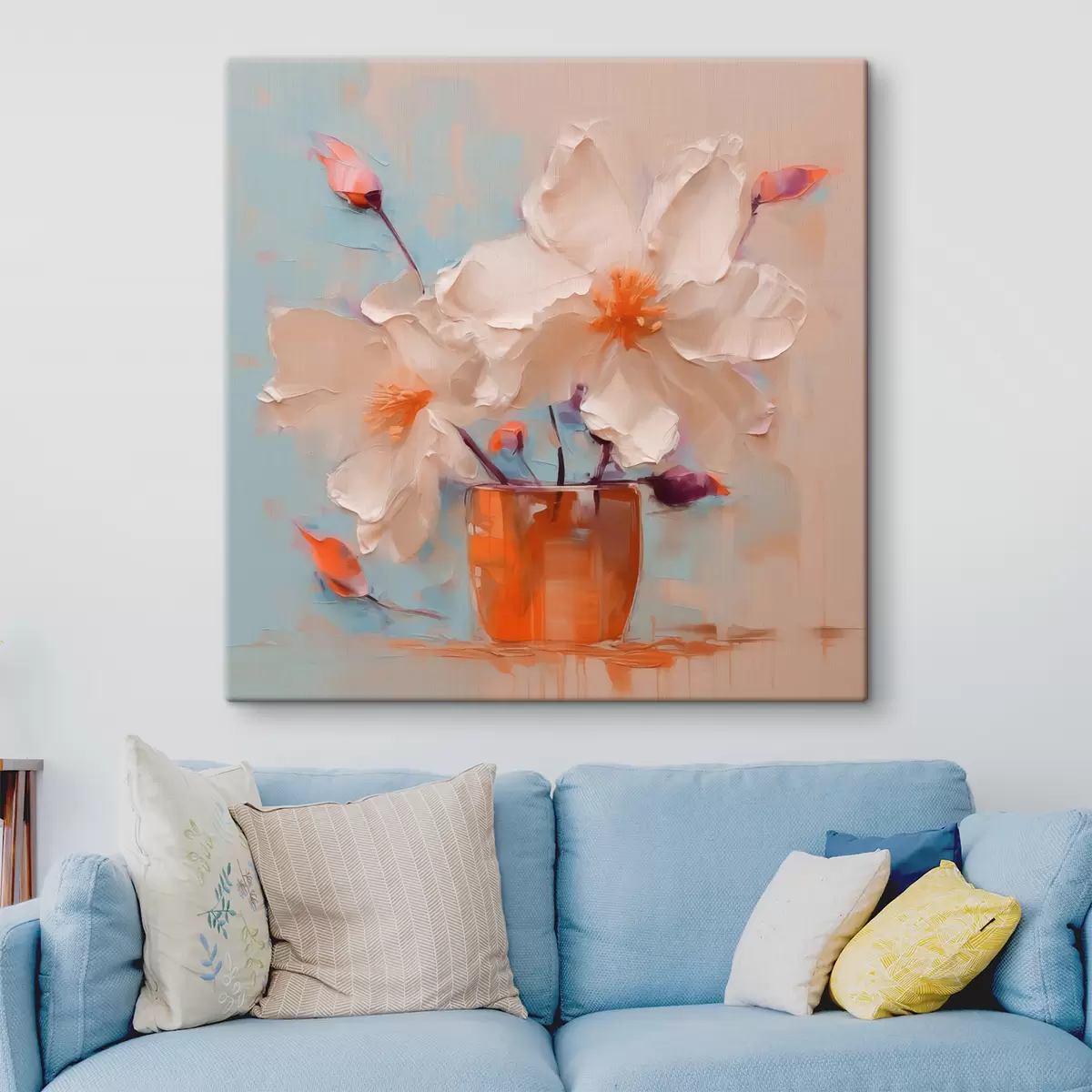 Paveikslėlis Narcizai vazoje, balti, oranžiniai, smėlio spalvos, mėlyni s40520