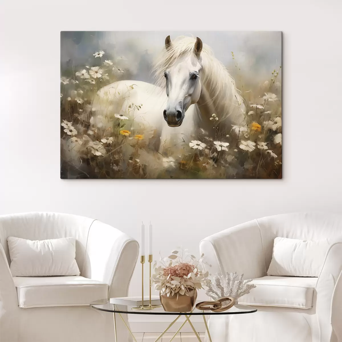 Paveikslėlis Baltas arklys žolėje tarp ramunėlių s40533