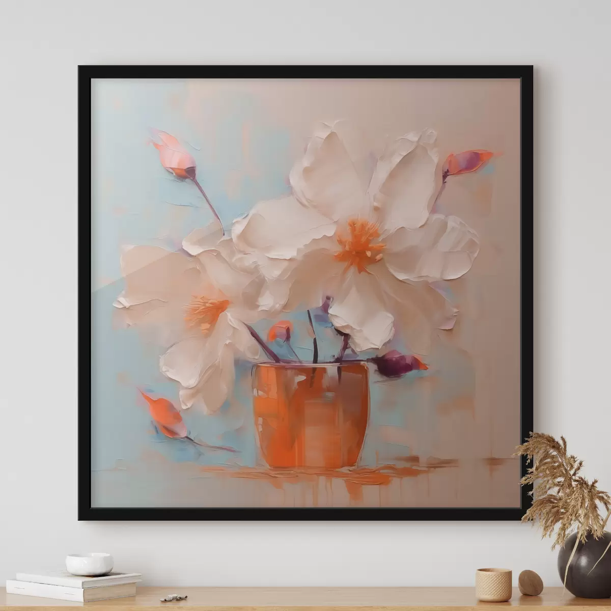 Plakatas Narcizai vazoje, balti, oranžiniai, smėlio spalvos, mėlyni f40520