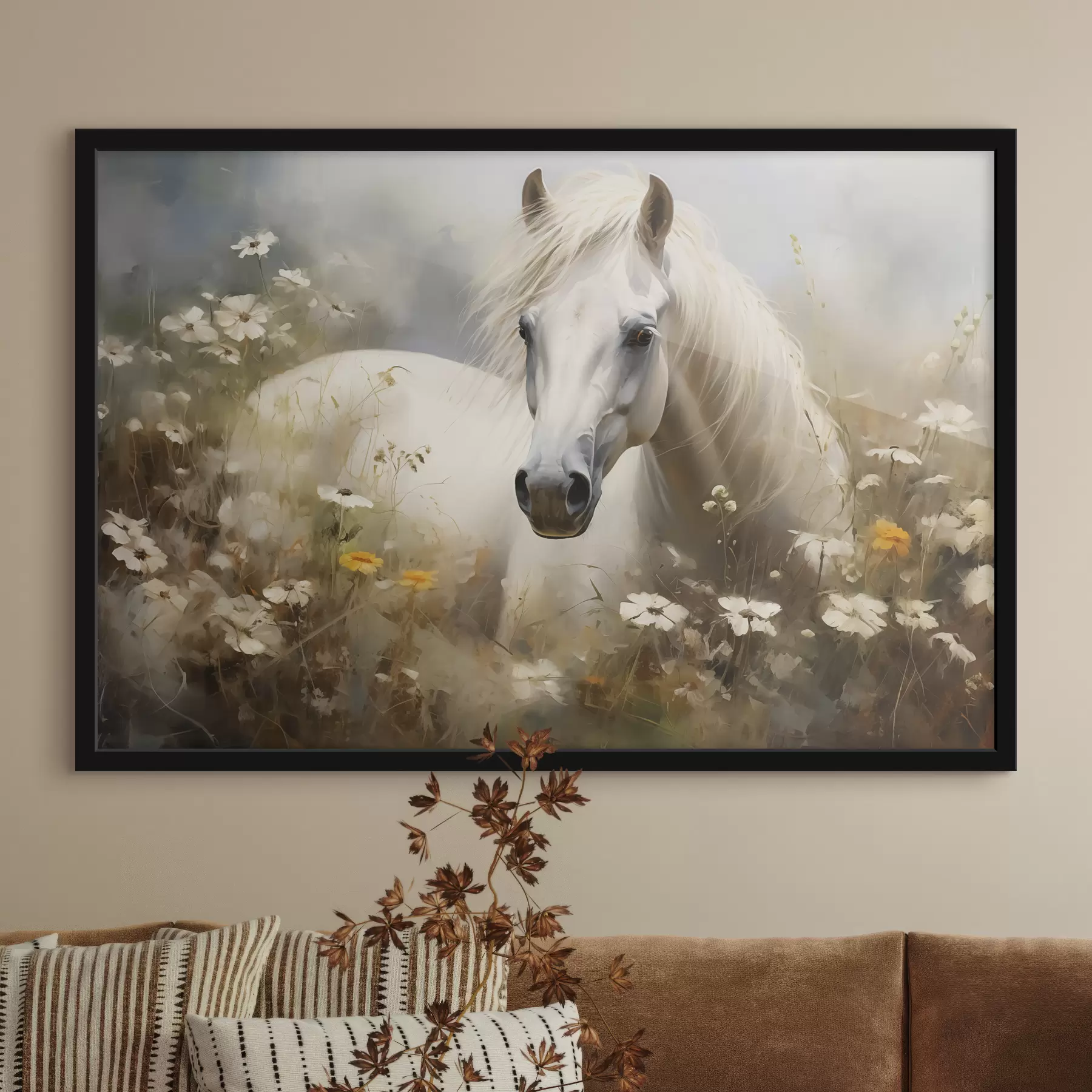 Fototapetai Baltas arklys žolėje tarp ramunėlių f40533