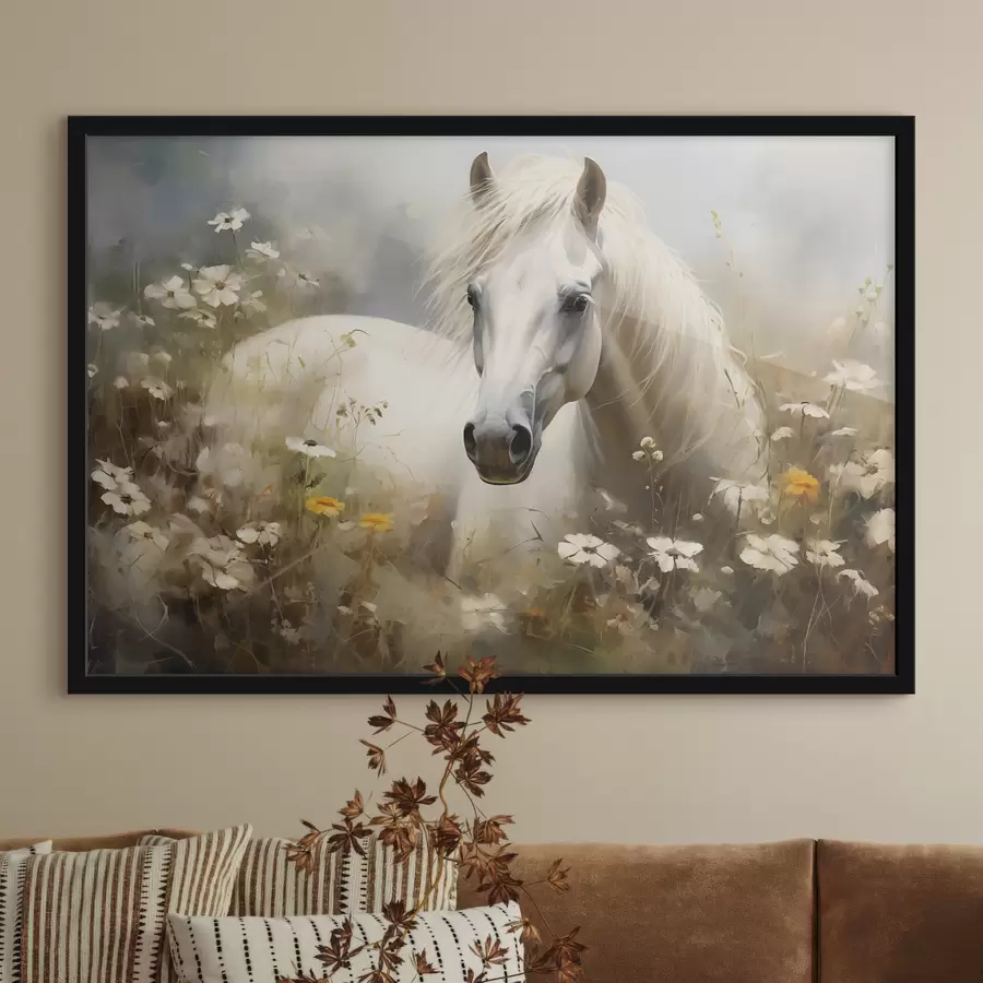 Fototapetai Baltas arklys žolėje tarp ramunėlių f40533