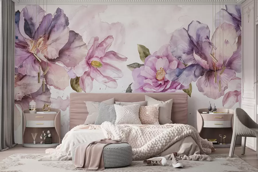 Fototapetai Šviesiame fone švelnios rožinės ir violetinės akvarelės gėlės su švelniais žiedlapiais ir žaliais lapais w08238