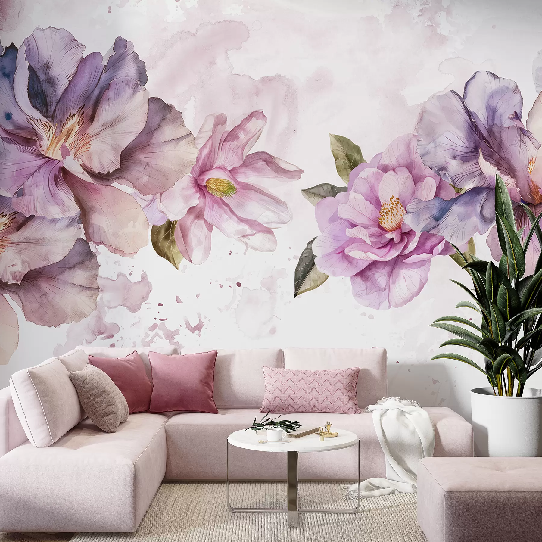 Fototapetai Šviesiame fone švelnios rožinės ir violetinės akvarelės gėlės su švelniais žiedlapiais ir žaliais lapais w08238