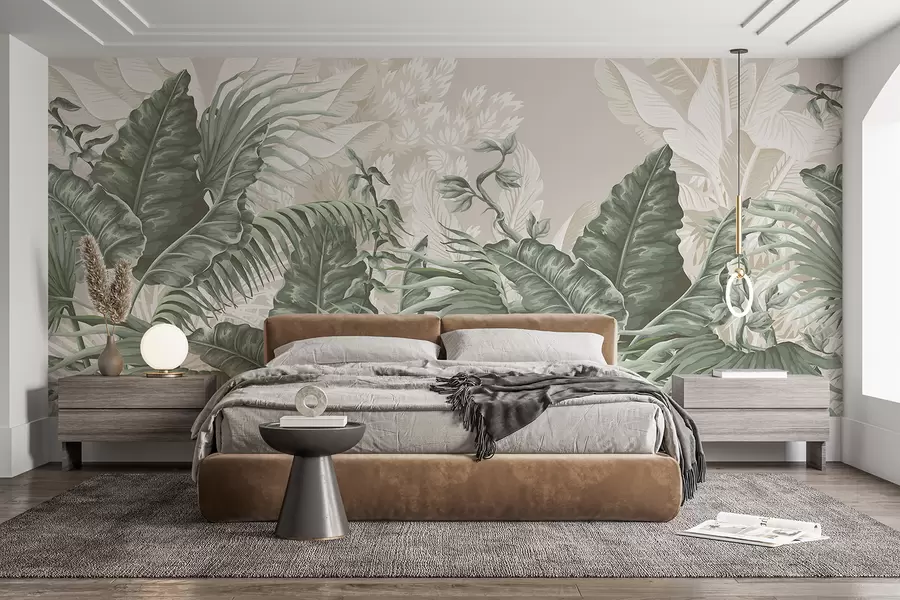 Fototapetai Atogrąžų džiunglių scena su dideliais žaliais lapais ir gėlėmis pirmame plane, kurianti sodrią atmosferą w08242v1