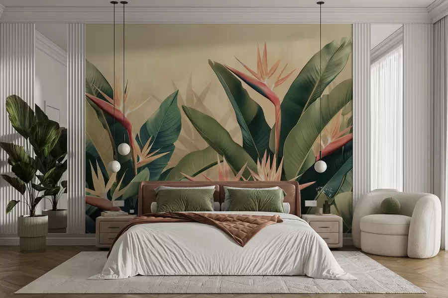 Fototapetai Sodrus tropinių gėlių išdėstymas, apsuptas didelių tamsiai žalių lapų w01484v1