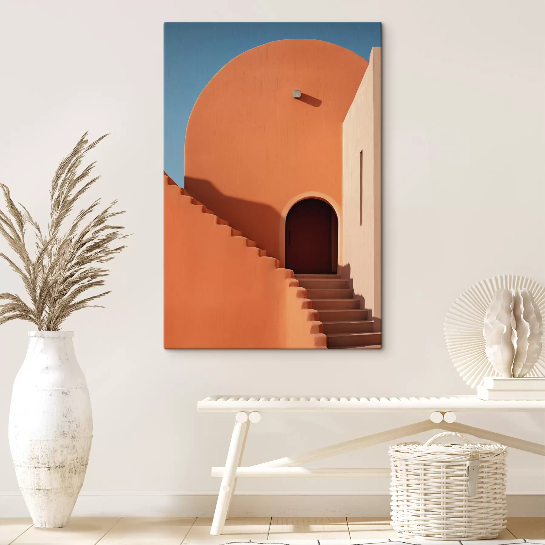 Fototapetai Minimalistinės architektūros pastatas su laipteliais, mėlyna, oranžinė spalva s40724