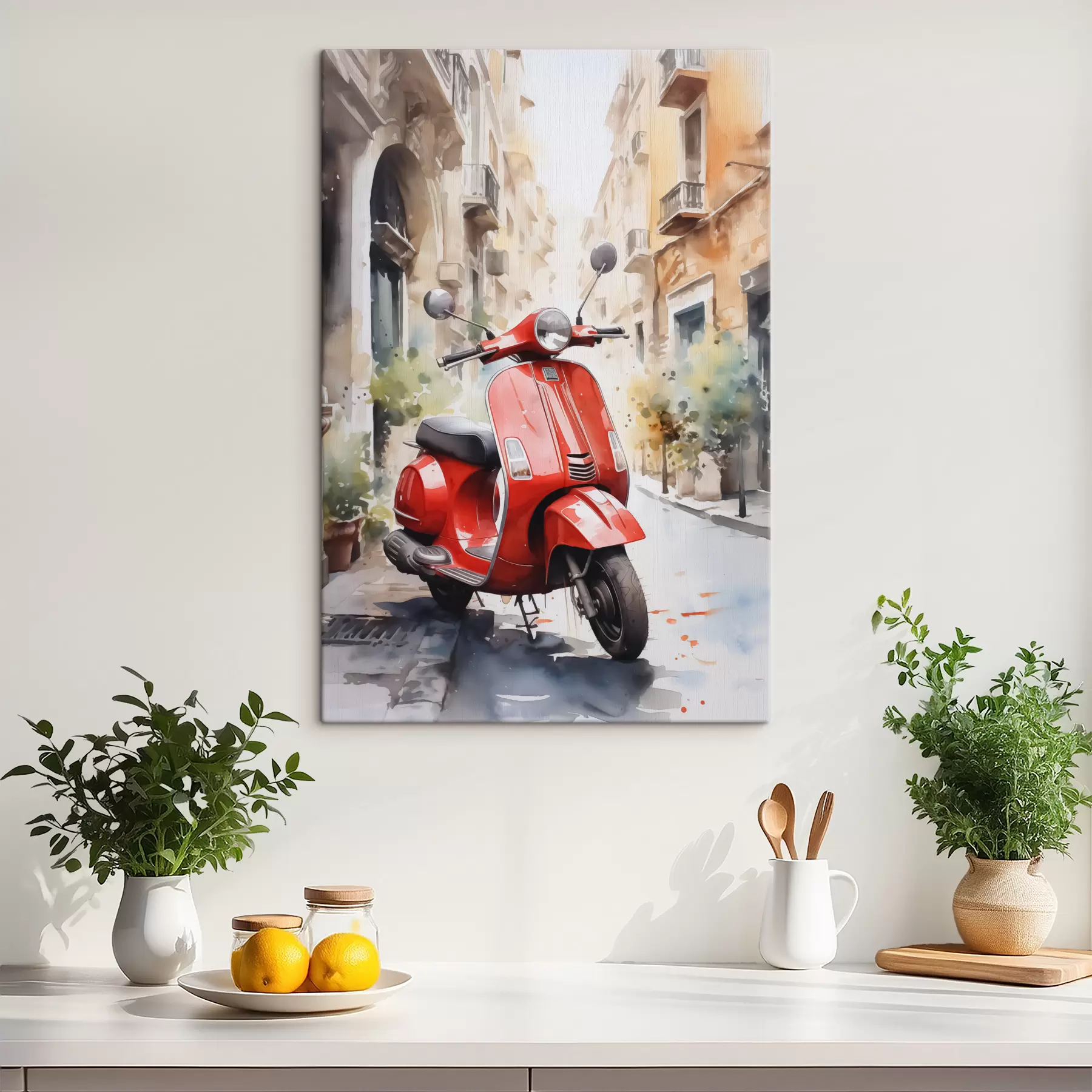Fototapetai Raudonas motociklas Romos gatvėje akvarelė s40728