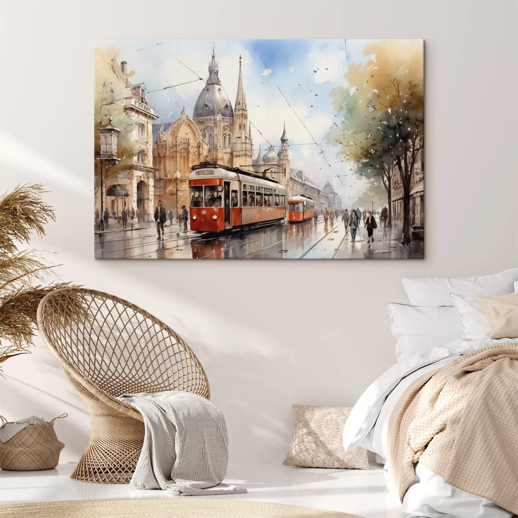 Fototapetai Raudonas tramvajus Vienos gatvėje akvarelė s40732