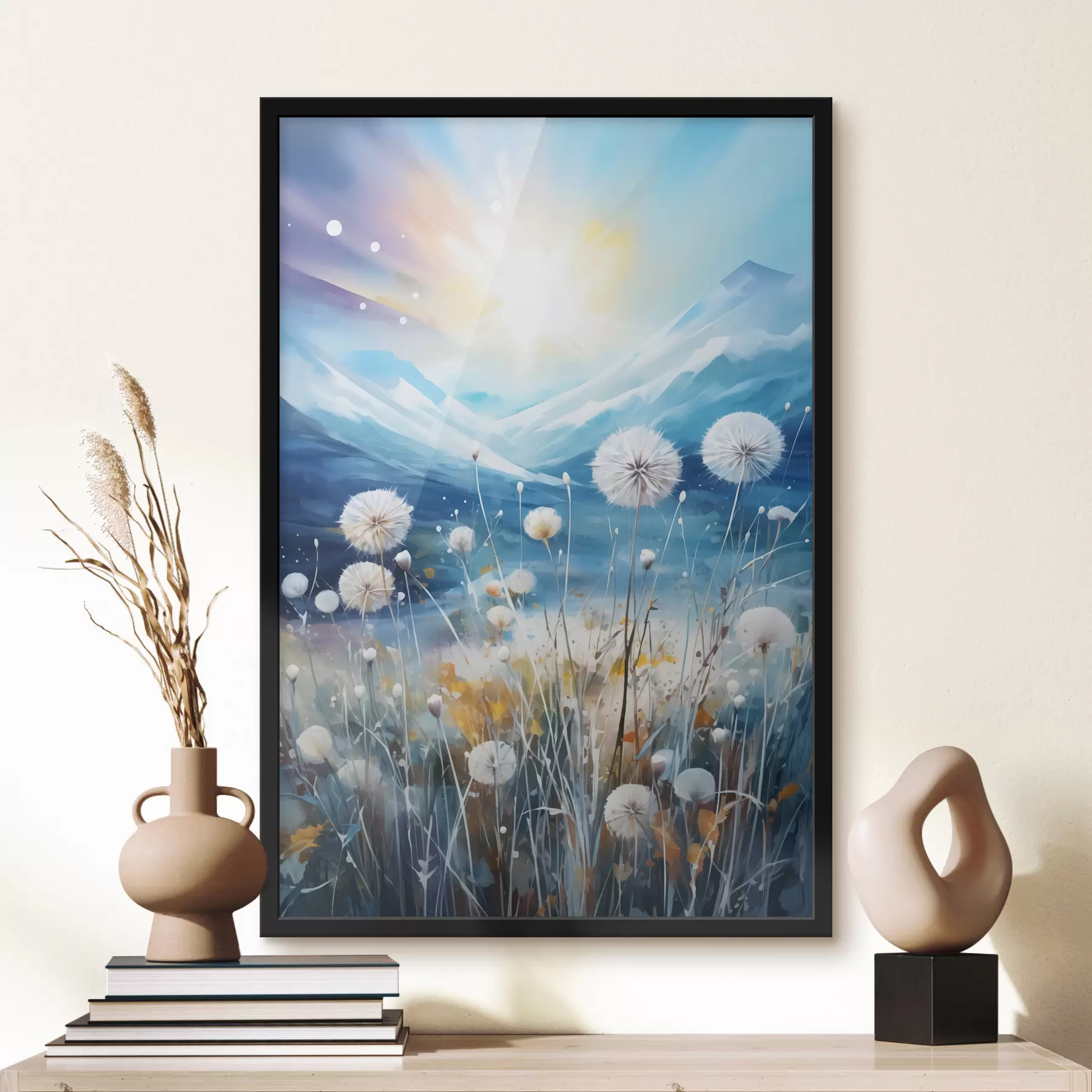 Fototapetai Baltos pienės mėlynų kalnų fone f40720