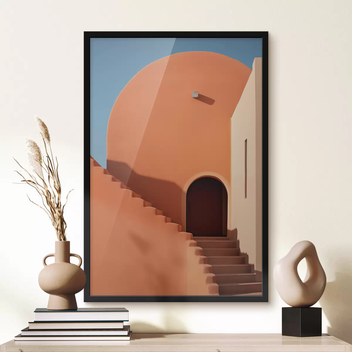 Plakatas Minimalistinės architektūros pastatas su laipteliais, mėlyna, oranžinė spalva f40724