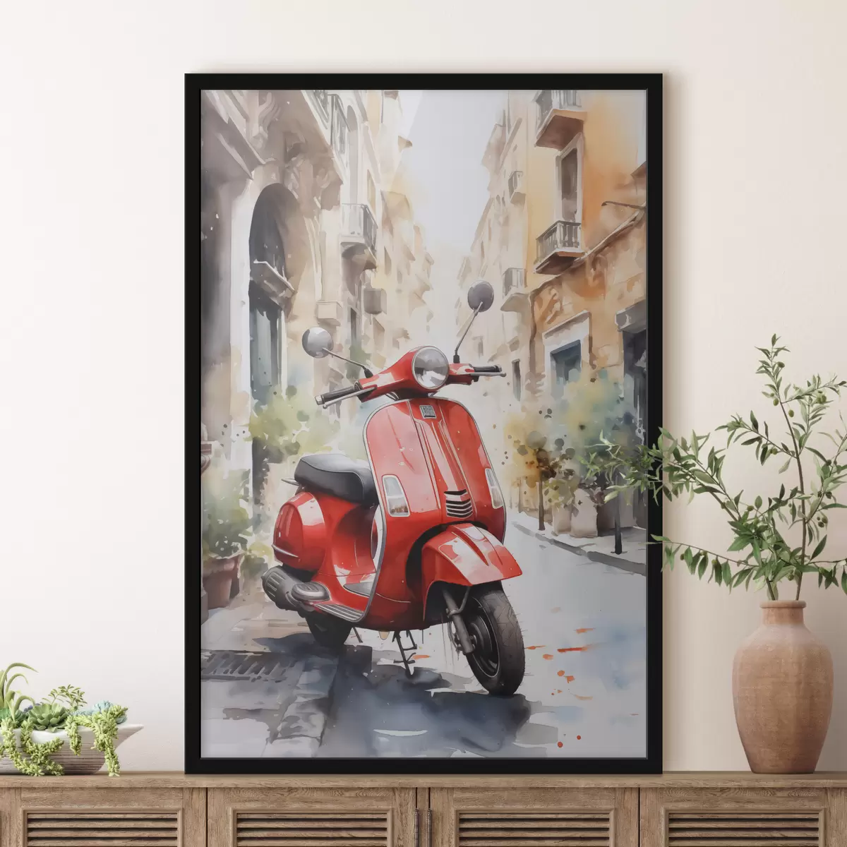 Plakatas Raudonas motociklas Romos gatvėje akvarelė f40728