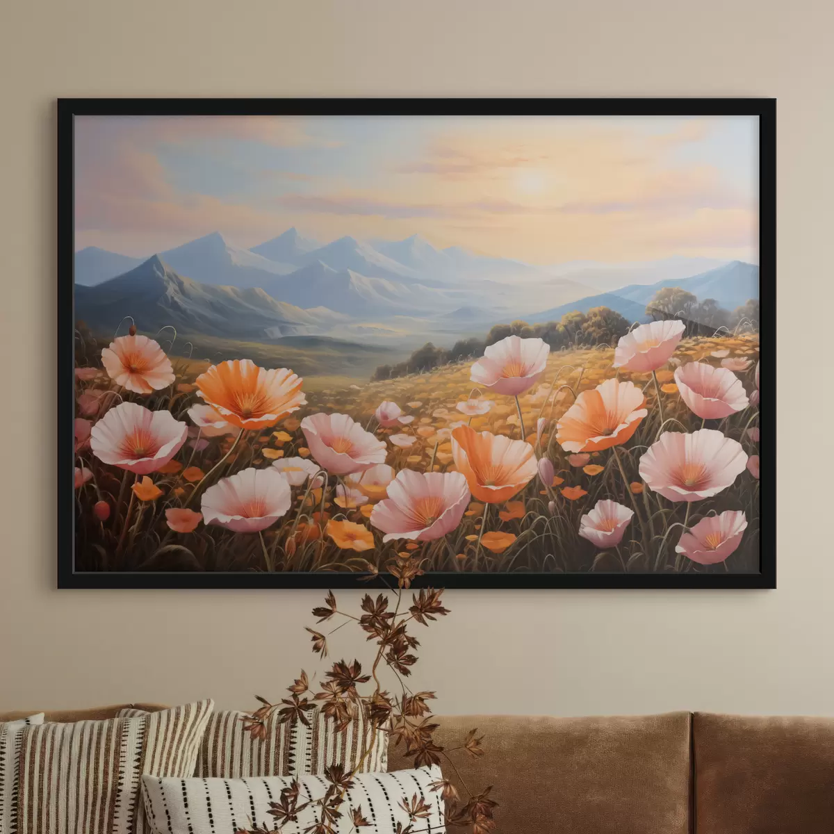 Plakatas Aguonų laukas auštant su kalnais fone f40730