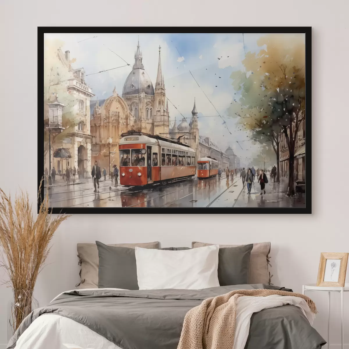 Plakatas Raudonas tramvajus Vienos gatvėje akvarelė f40732