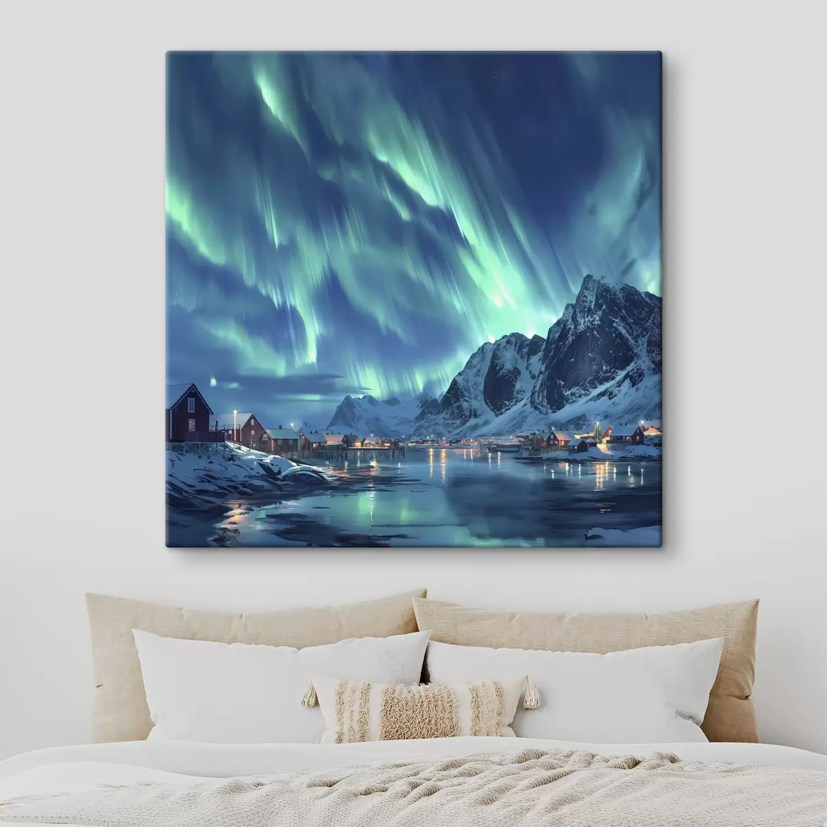 Paveikslėlis Norvegijos žiemos kaimas, šiaurės pašvaistės, naktinis dangus s40300