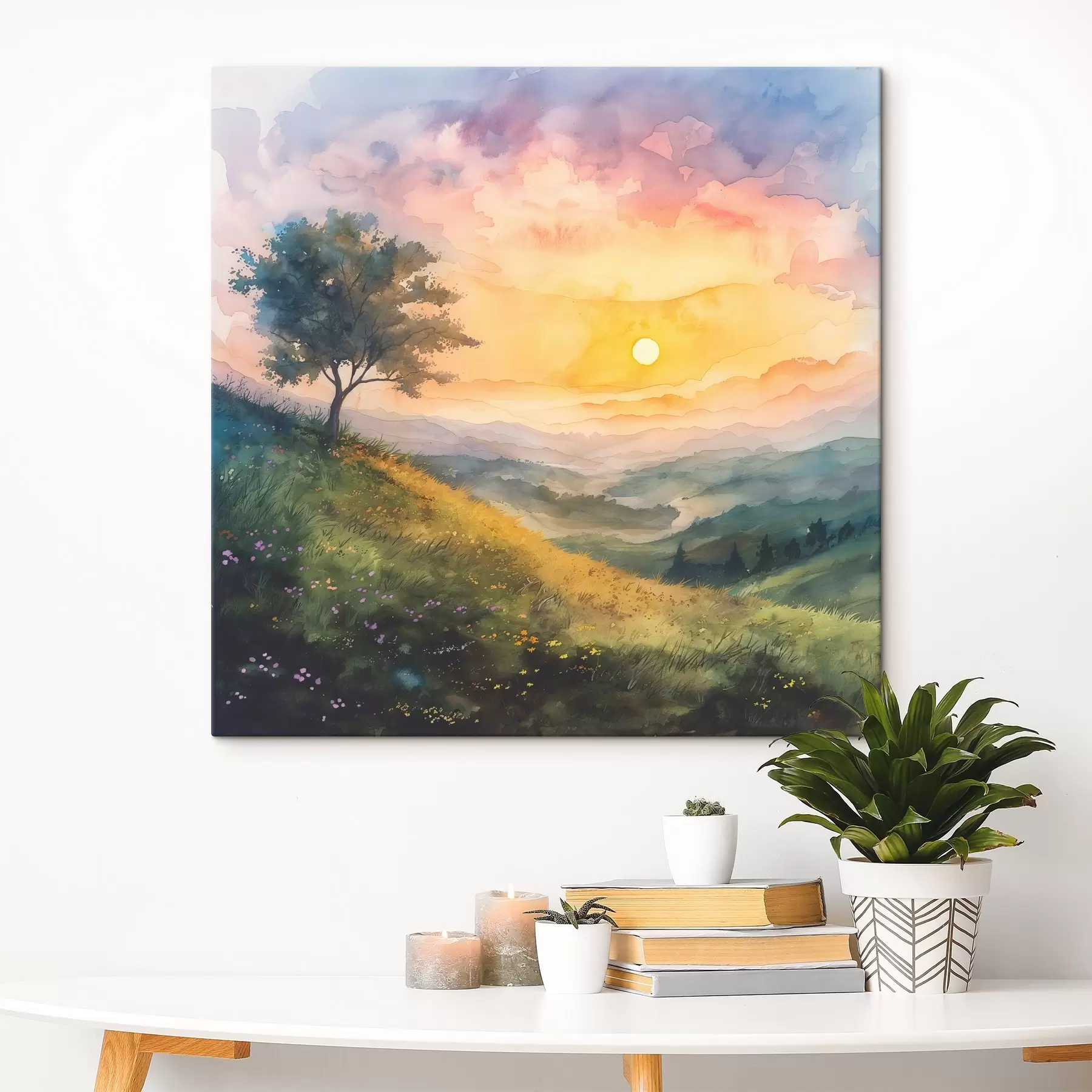 Fototapetai Pieva su kalvomis ir medžiu, gėlės, akvarelė s40303