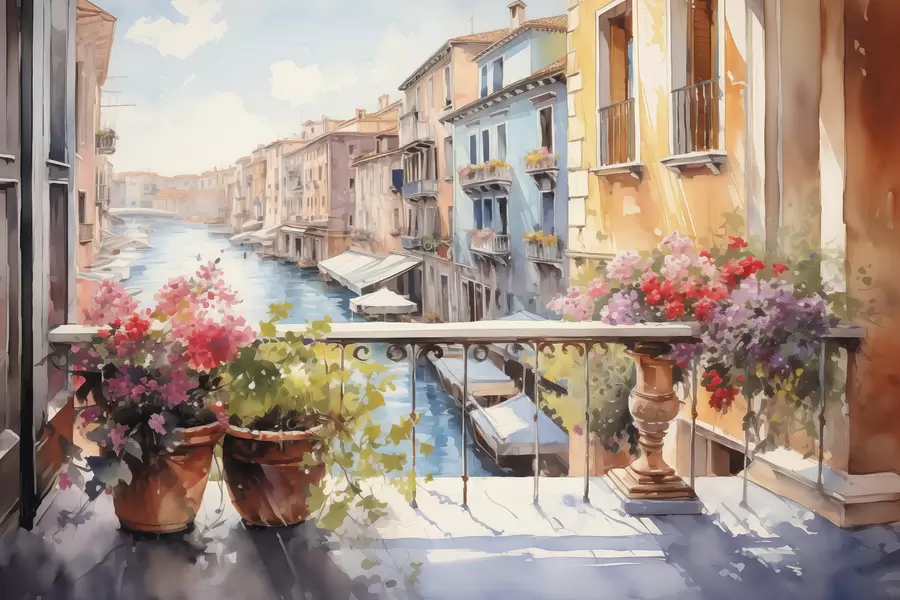 Fototapetai Gėlės vazonuose Venecijos balkone akvarelė w01052