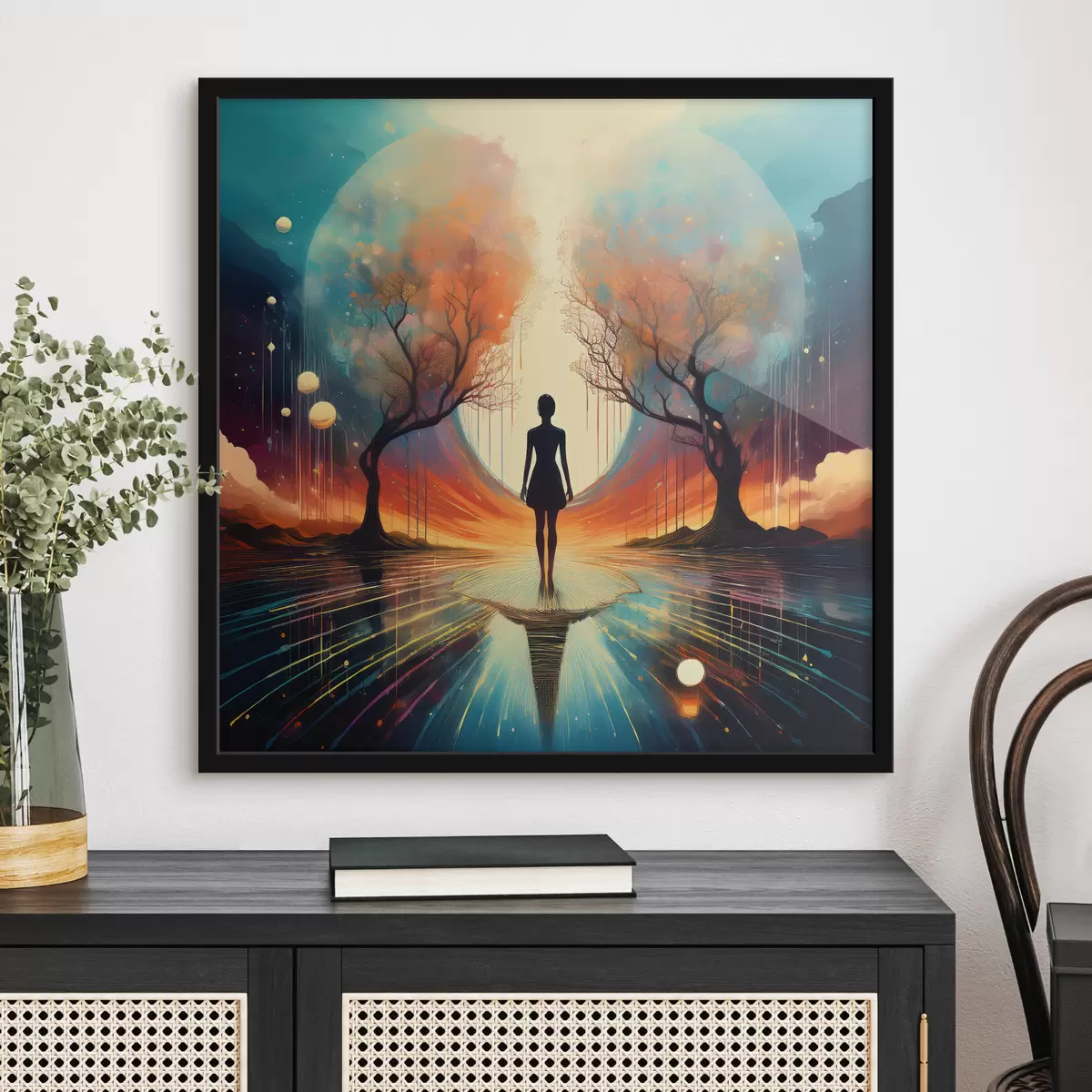 Plakatas siluetas tarp medžių, savęs pažinimas, savirefleksija f40713