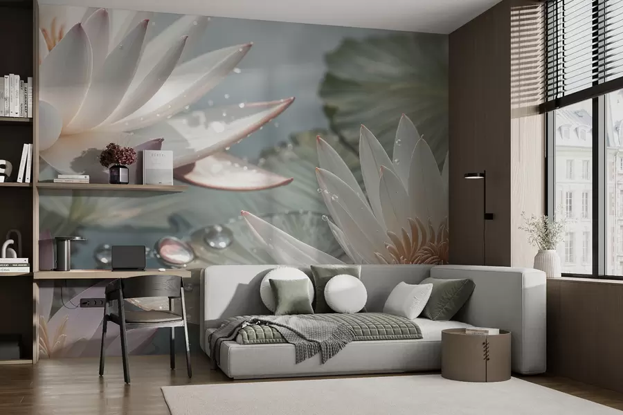 Fototapetai Baltų lotoso žiedų su vandens lašeliais ant žiedlapių stambiu planu neryškiame žaliame fone w08252