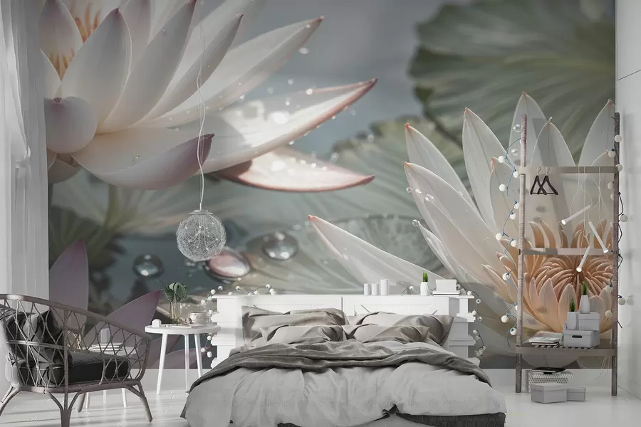 Fototapetai Baltų lotoso žiedų su vandens lašeliais ant žiedlapių stambiu planu neryškiame žaliame fone w08252