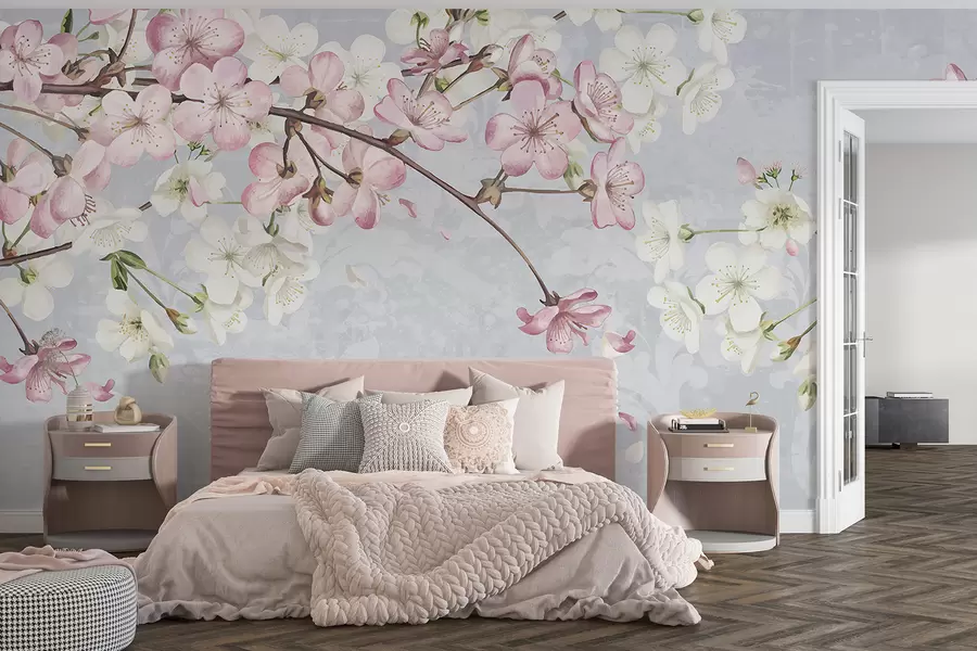 Fototapetai Visiškai žydinčios rausvos ir baltos vyšnios žiedai, kurių žiedlapiai švelniai krenta tekstūriniame mėlyname fone w08254