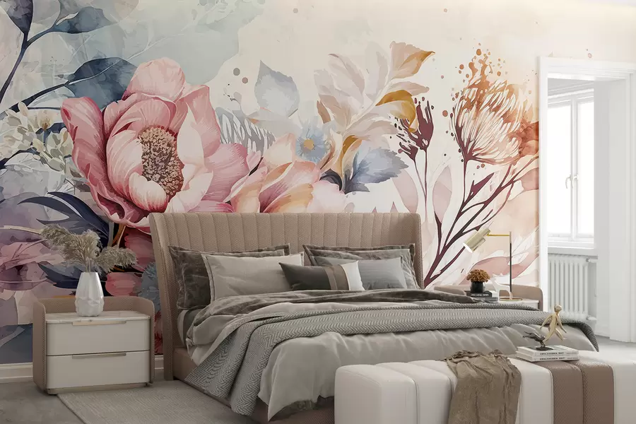 Fototapetai Didelės rausvos ir mėlynos gėlės švelniais žiedlapiais, apsuptos mažesnių gėlių akvareliniame fone w08256