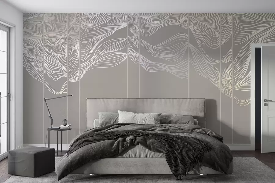 Fototapetai Tekančios baltos abstrakčios linijos bangos šviesiai rudame fone w08263