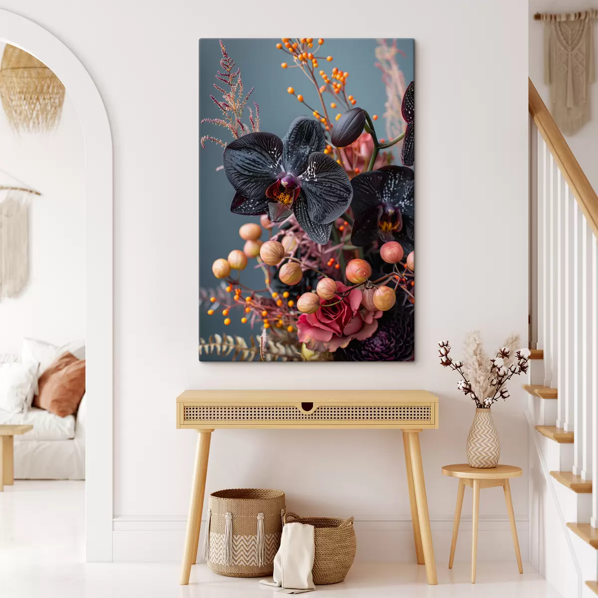 Paveikslėlis Elegantiška gėlių kompozicija iš juodųjų orchidėjų ir kitų augalų s40662