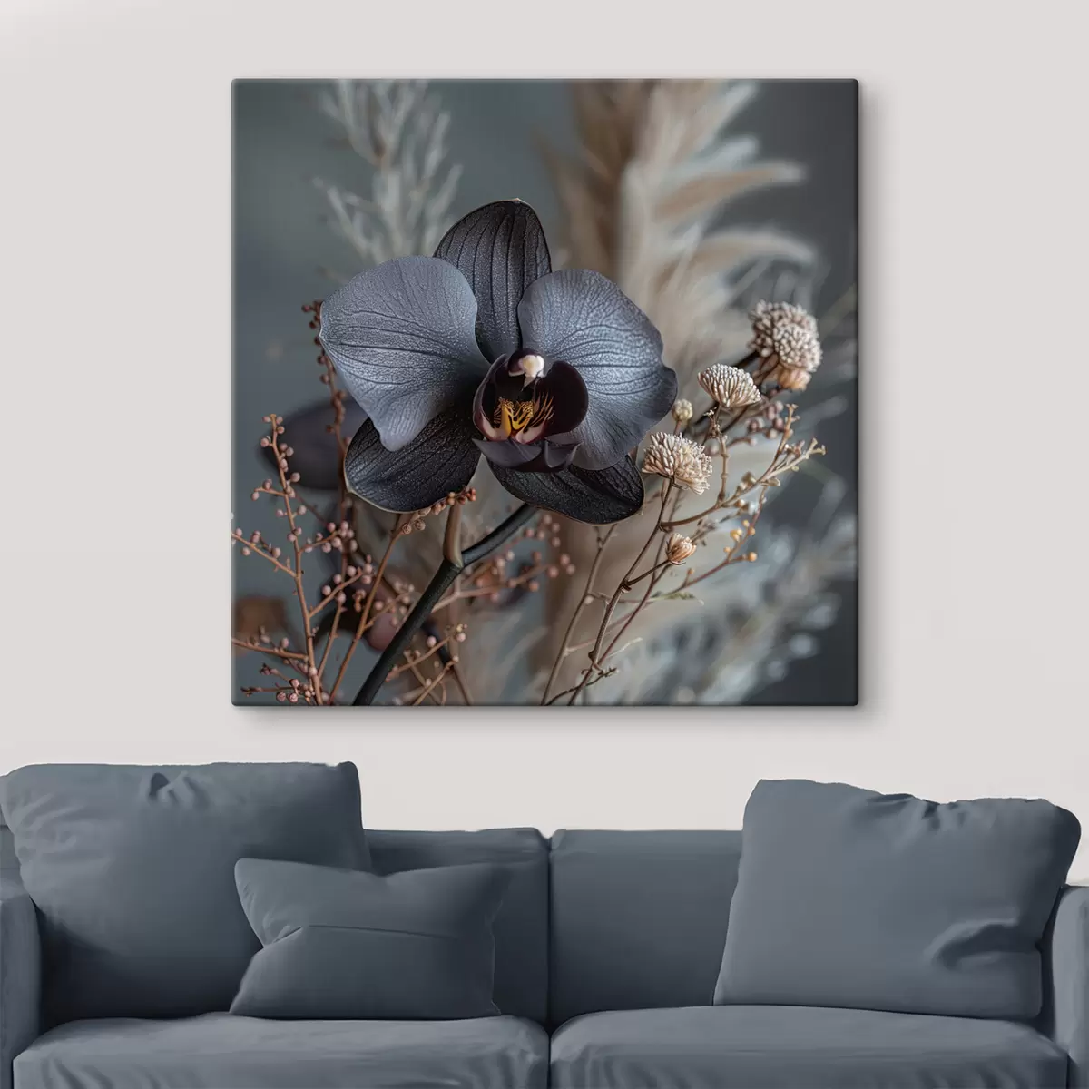 Paveikslėlis Elegantiška juodųjų orchidėjų ir kitų džiovintų gėlių kompozicija s40661