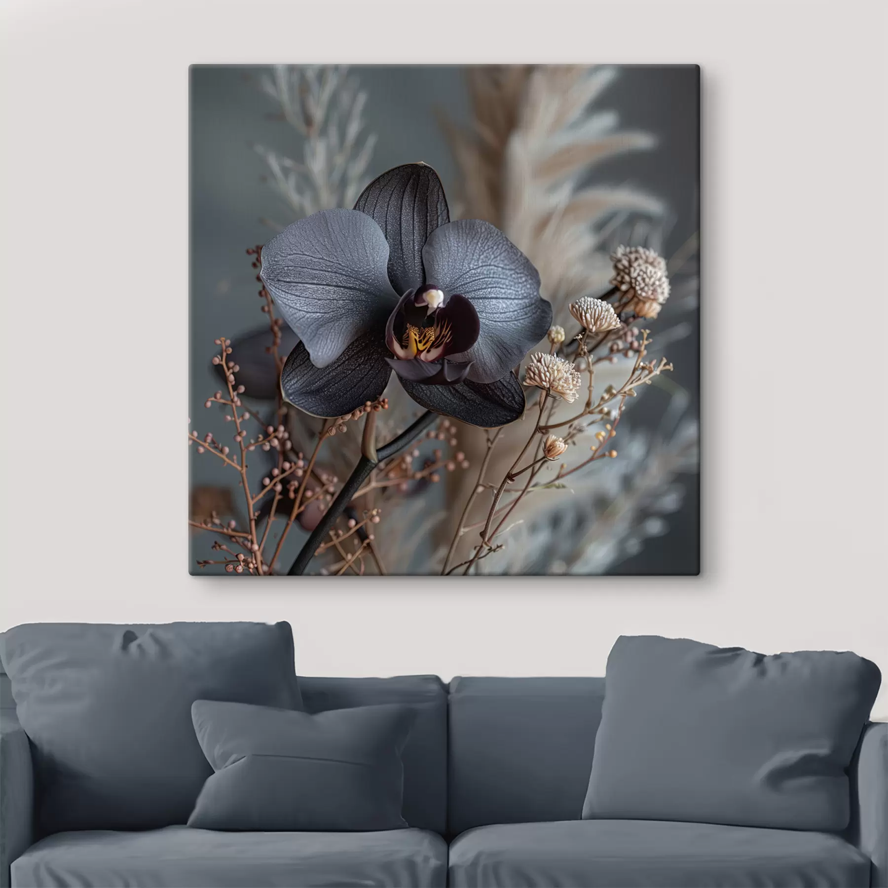 Fototapetai Elegantiška juodųjų orchidėjų ir kitų džiovintų gėlių kompozicija s40661